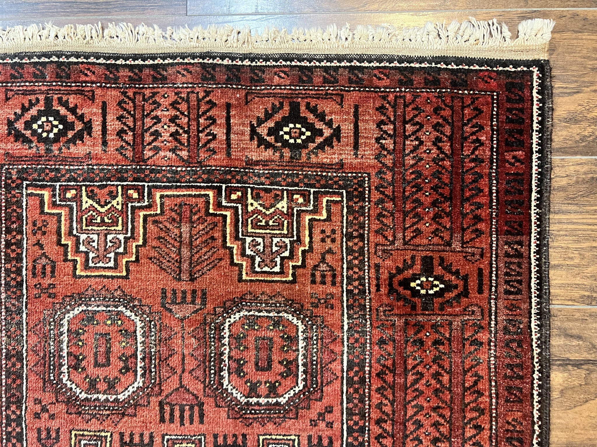 Antique Persian Turkoman Rug 3x6, Wool Tribal Handmade Carpet, Red and Black by Jewel Rugs