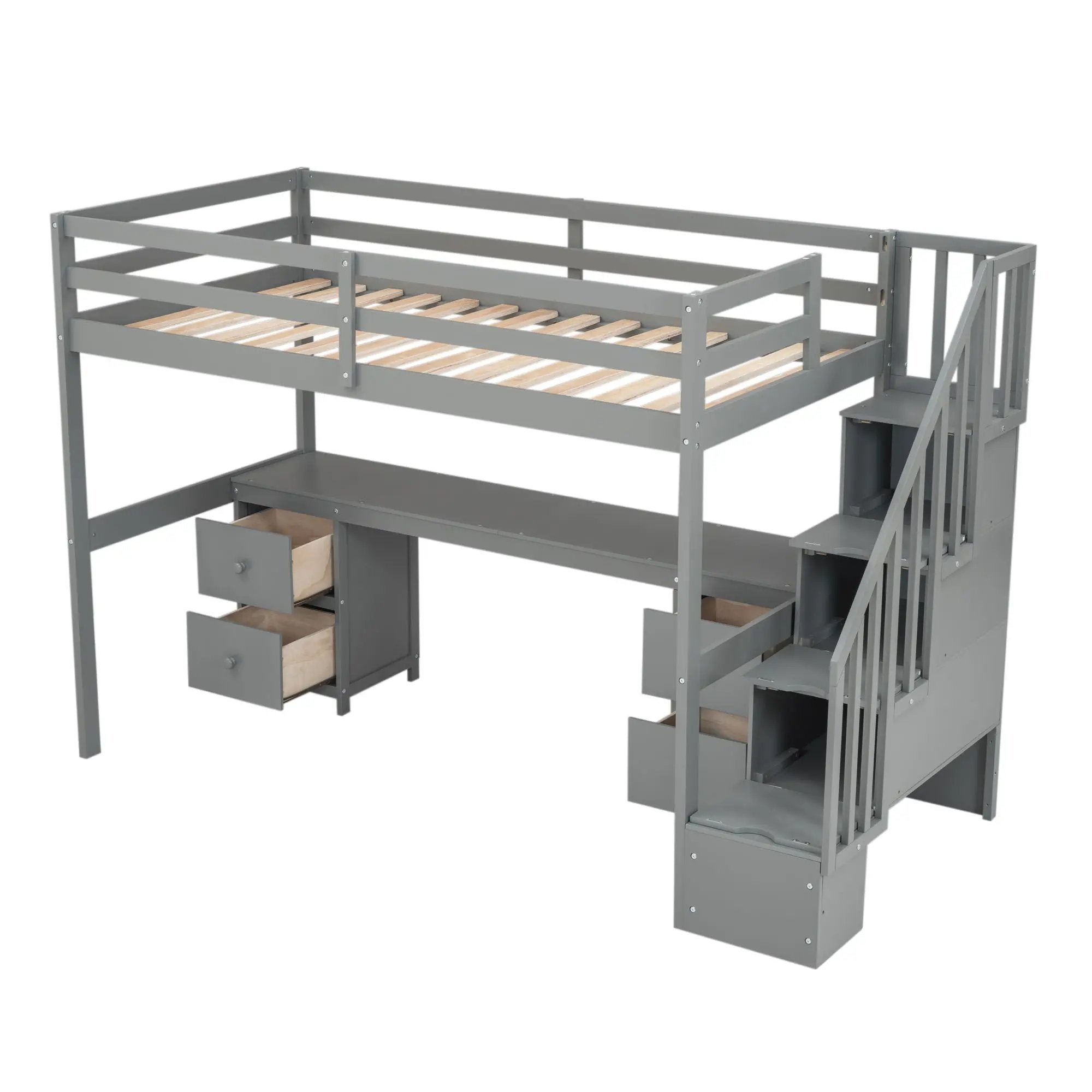 Loft Bed Frame With Built In Desk And Double Storage Drawers