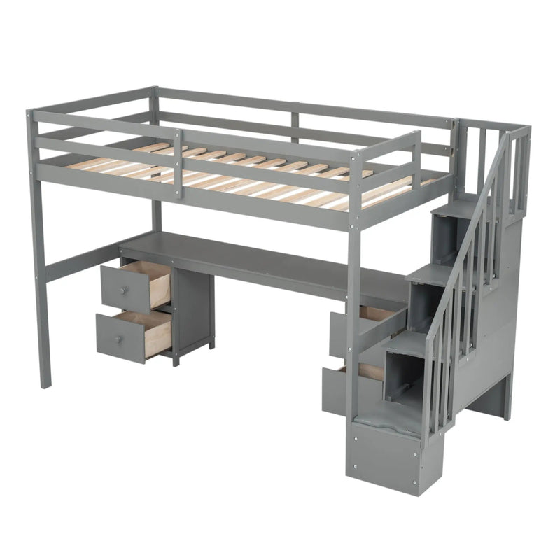 Loft Bed Frame With Built In Desk And Double Storage Drawers