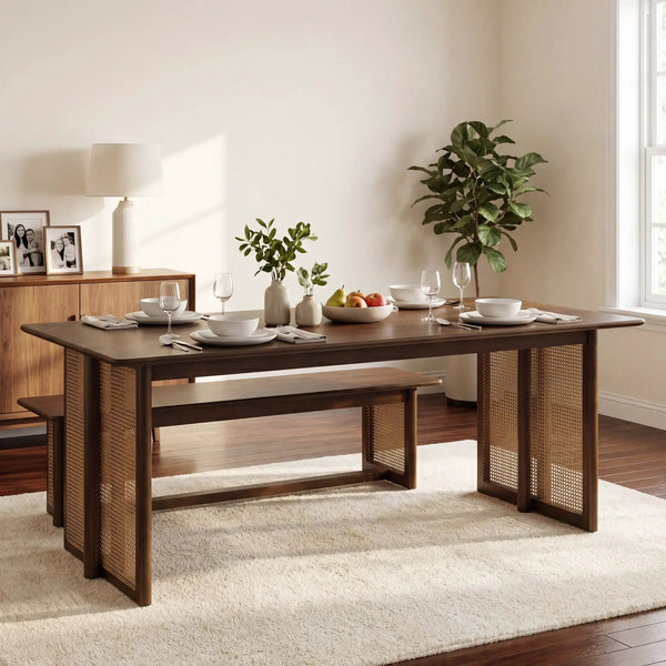 Walnut-Colored Rubber Wood Dining Table with Rattan Accents, photo 2 of 9