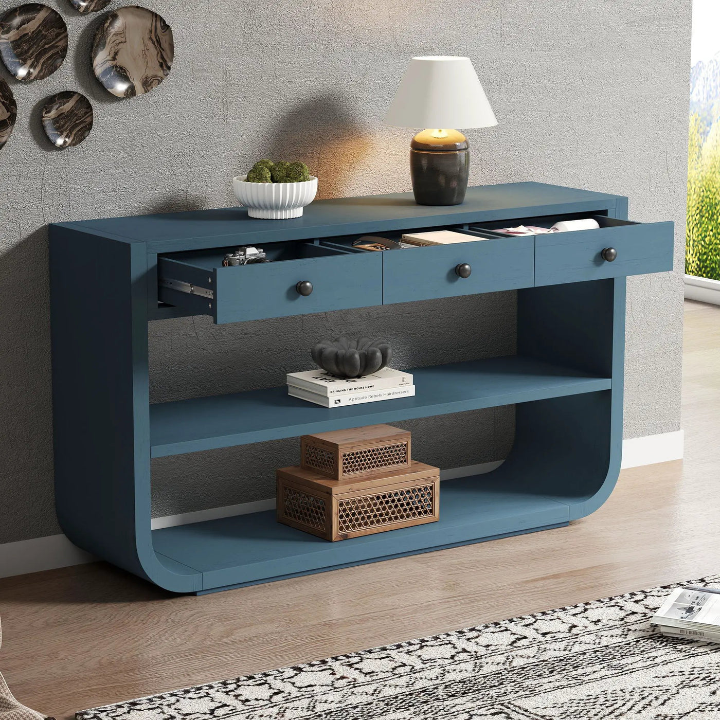 Console Table With 3 Soft Close Drawers & 2 Open Shelves by HouseOfZazla
