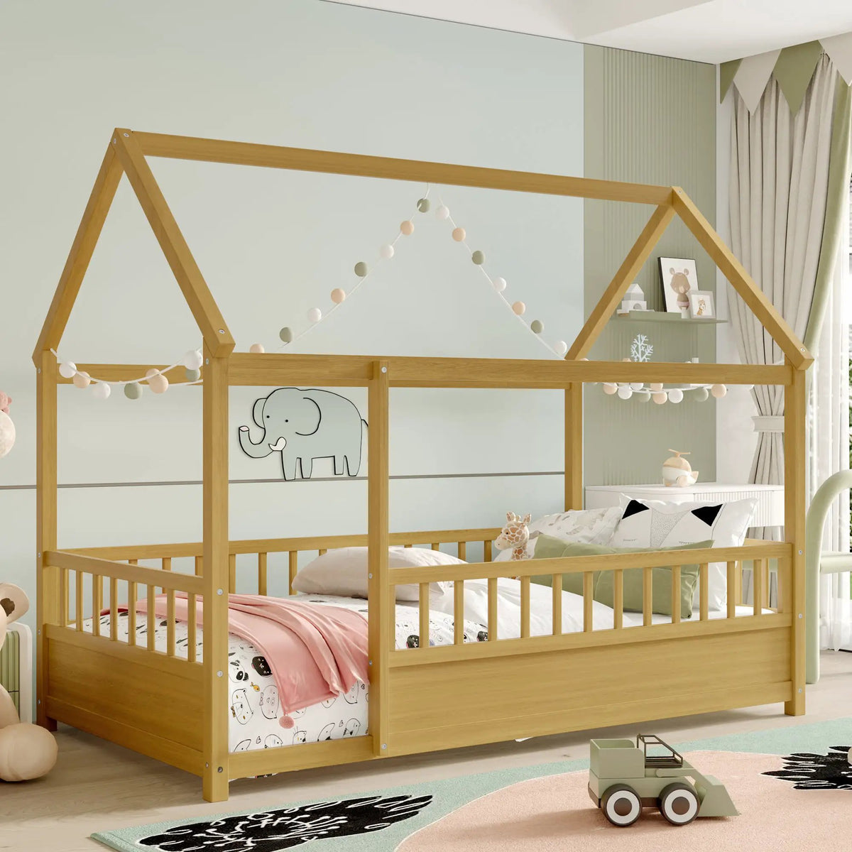 Twin Size Floor Wooden Bed with House Roof Frame by HouseOfZazla
