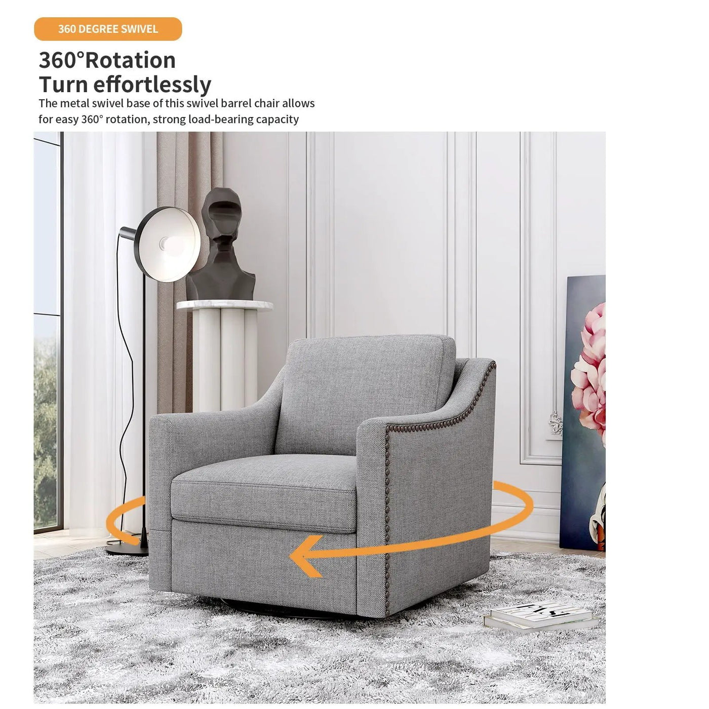 360 Degree Swivel Armchair, Skin Friendly Fabric, Ergonomic Design, Brass Nail Decorative Armchair by HouseOfZazla