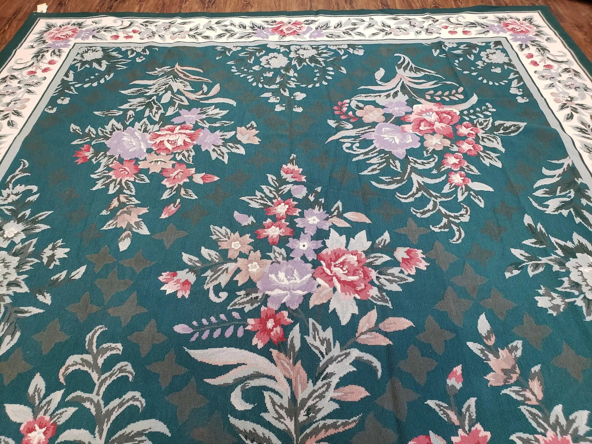 Chinese Needlepoint Rug 8x10, Vintage Green Area Rug, Hand-Woven Flatweave Floral European Design Carpet Wool Handmade 8x 10 Living Room Rug by Jewel Rugs