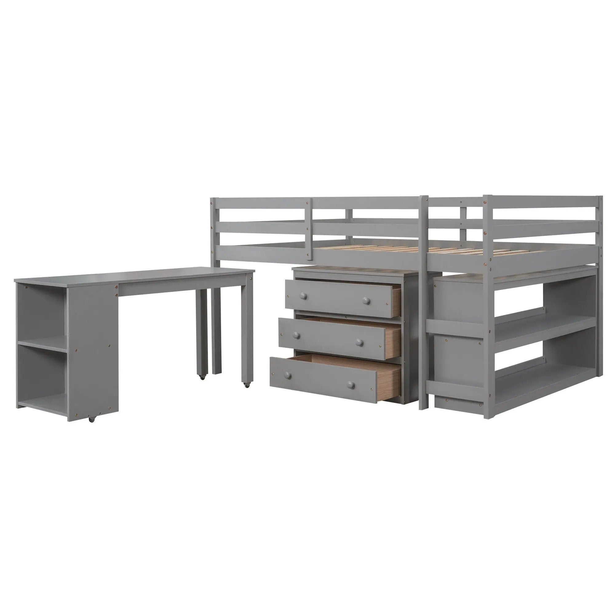 Loft Low Study Bed With Cabinet, Shelves And Rolling Portable Desk, Multiple Functions by HouseOfZazla