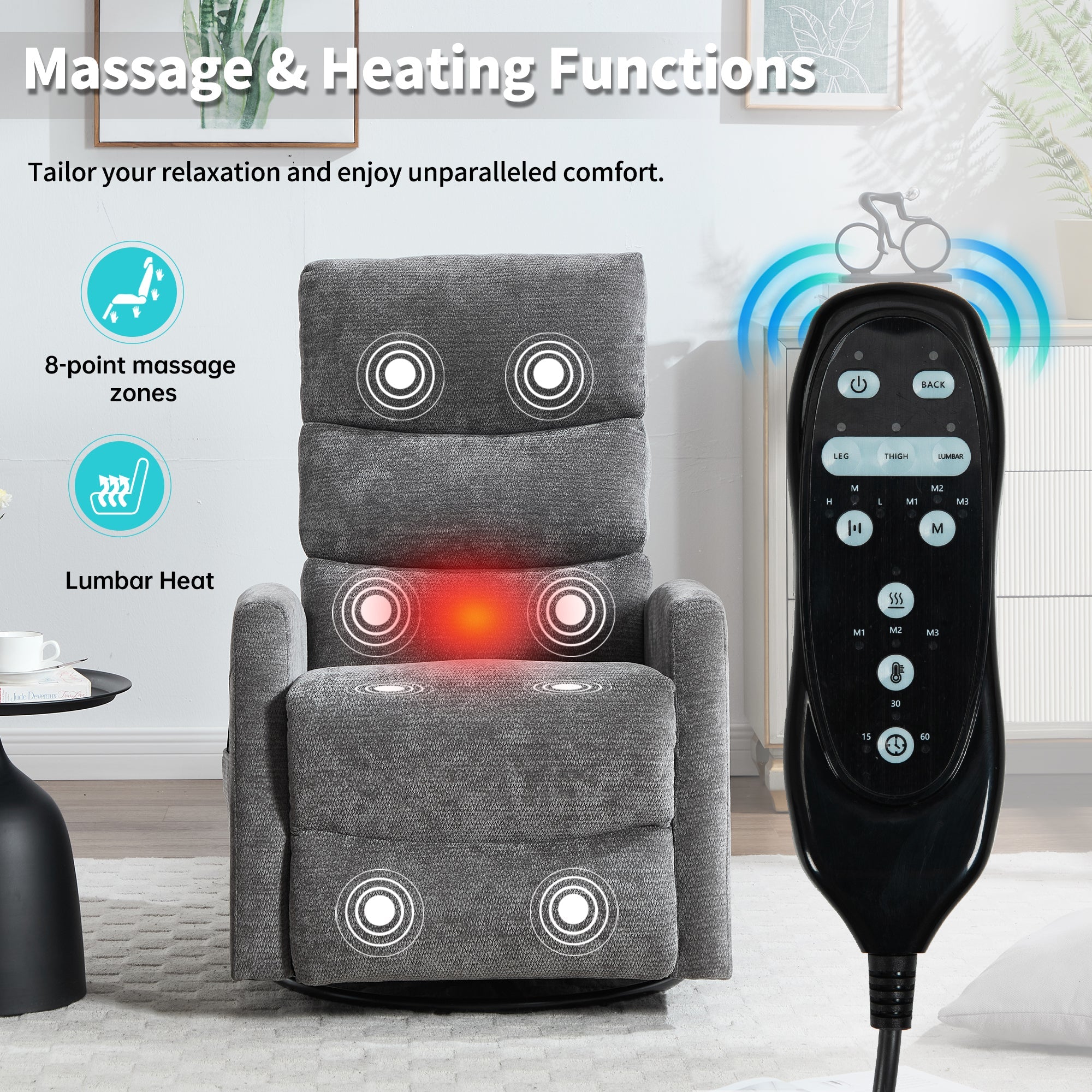 Heat Massage Manual Recliner Chair with Rocker and Swivel in Fabric by HouseOfZazla