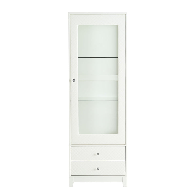 Modern Upholstered Glass Display Cabinet with Adjustable LED Light - White