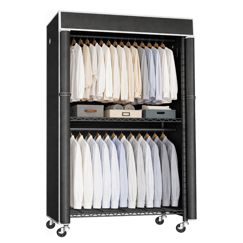 Freestanding Garment Rack with Dust Cover – Iron Frame, Mobile - Black