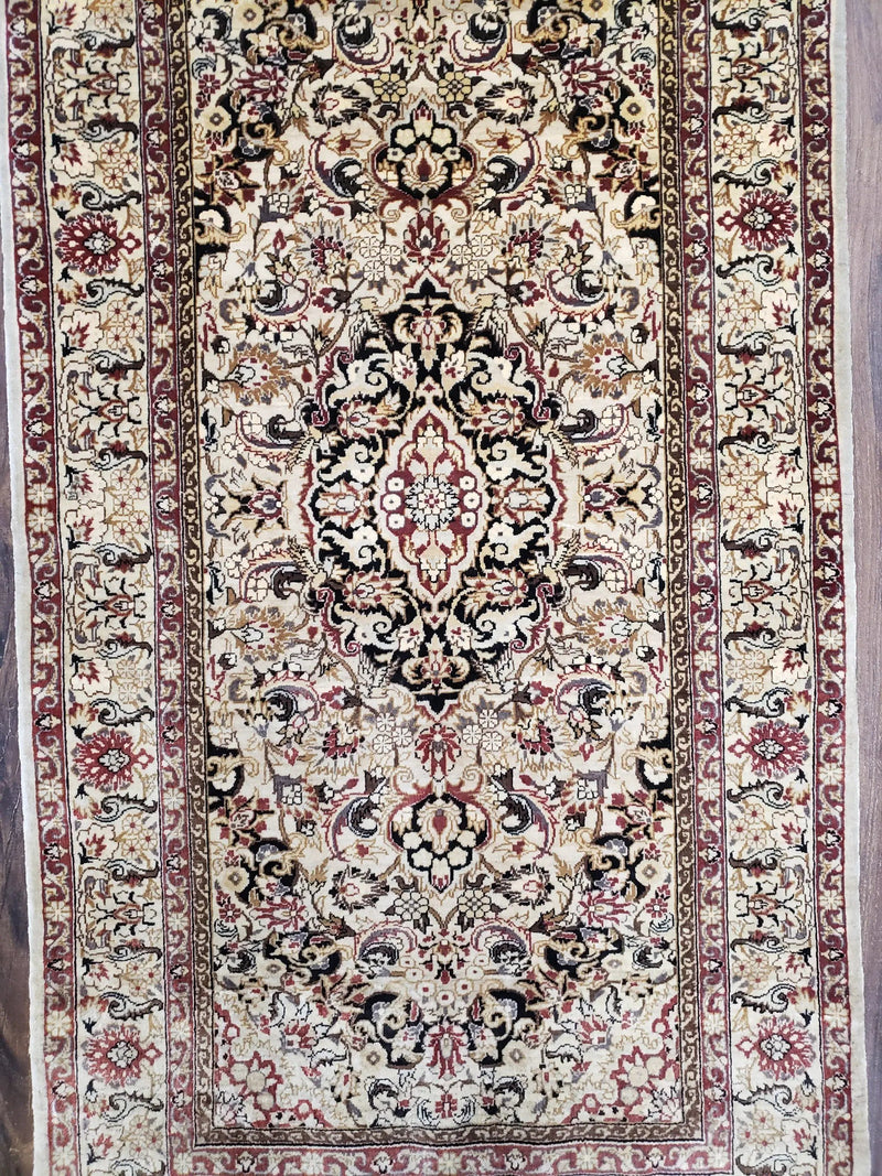 Silk Oriental Rug 1' 7" x 3', Very Fine Silk Carpet, Small Silk Rug, Traditional Floral Medallion, Hand-Knotted Cream Beige Vintage Silk Rug by Jewel Rugs