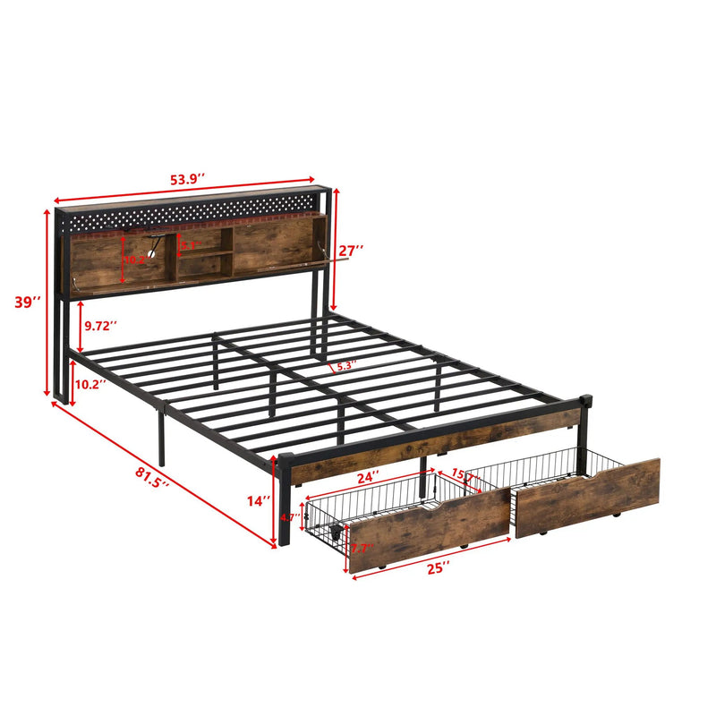 Modern Metal Platform Bed Frame With Wooden Headboard, USB Charging Station, Storage Drawers by Unique Piece Furniture