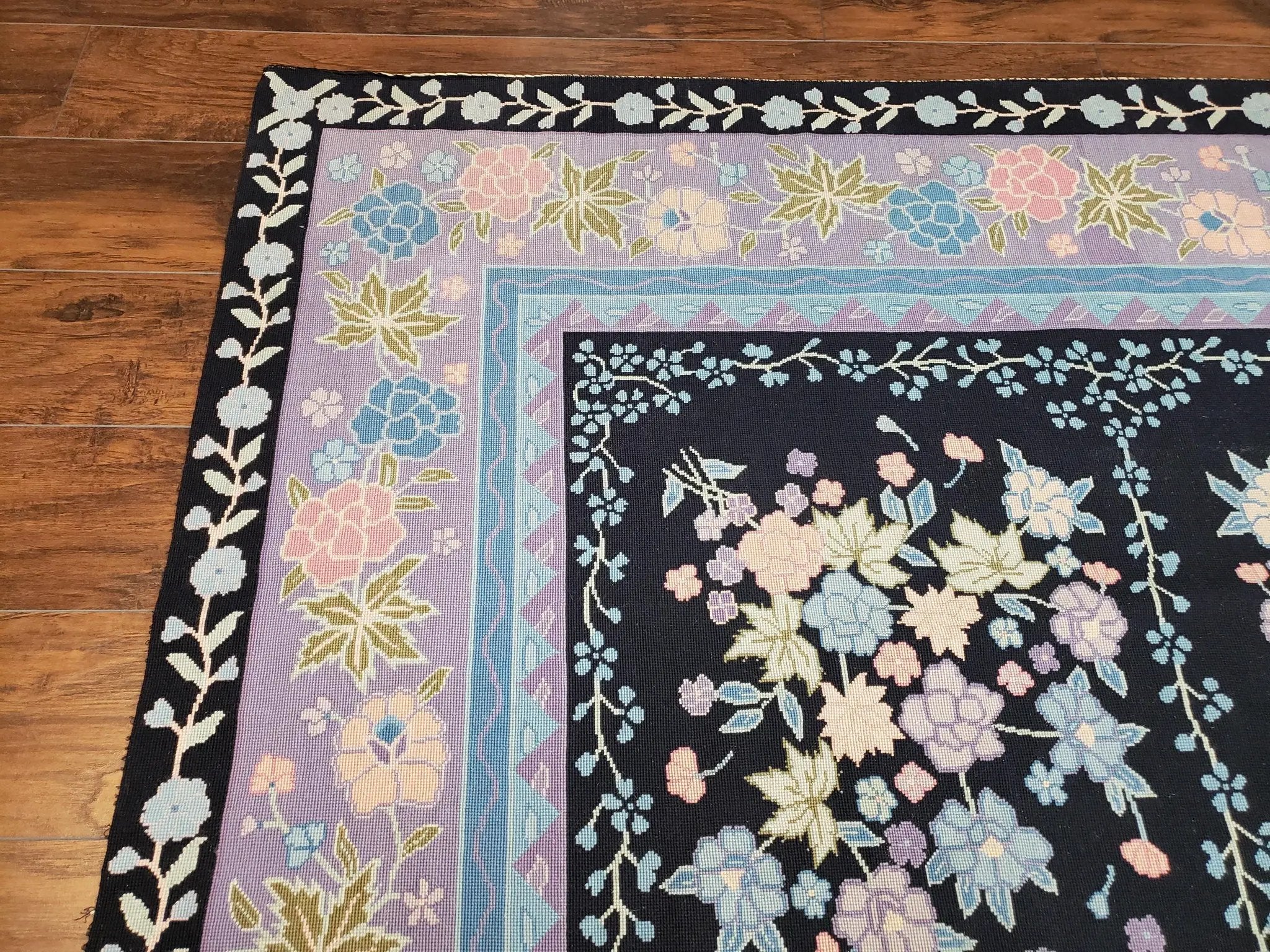 Chinese Needlepoint Rug 8 x 11.4, Hand-Woven Area Carpet, Flatweave Rug, Black Blue Light Violet Floral Garden European Design Wool Aubusson by Jewel Rugs