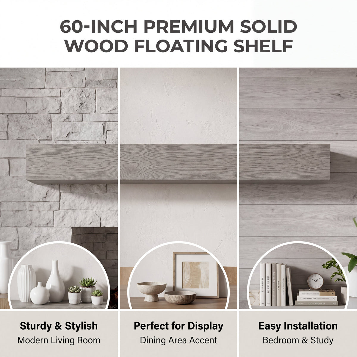 60" Rustic Embossed Wood Fireplace Mantel,Wall-Mounted & Floating Shelf for Home Decor, photo 7 of 10