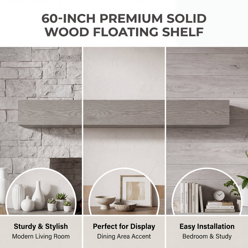 60" Rustic Embossed Wood Fireplace Mantel,Wall-Mounted & Floating Shelf for Home Decor, photo 7 of 10