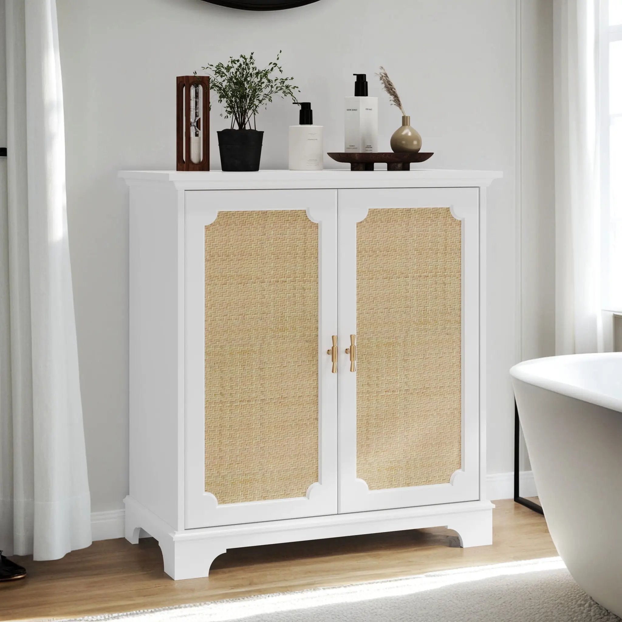 Rattan Decorated Sideboard Buffet Storage Liquor Cabinet - White by Unique Piece Furniture