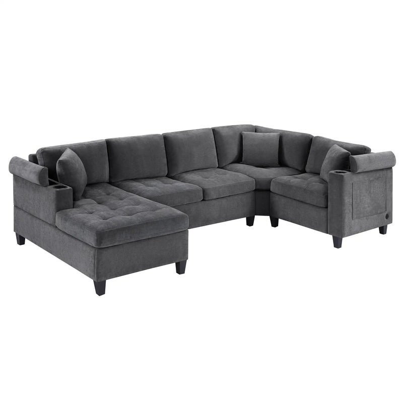 U Shaped Sectional Sofa, Corner Living Room Couch With Built In Cup Holders, Storage, USB Ports by HouseOfZazla