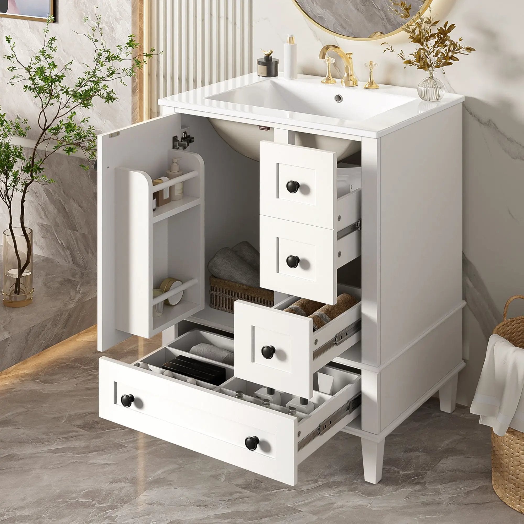 Bathroom Vanity With Integrated Basin, Soft Close Drawers, Door Mounted Double Layer Shelf by Unique Piece Furniture