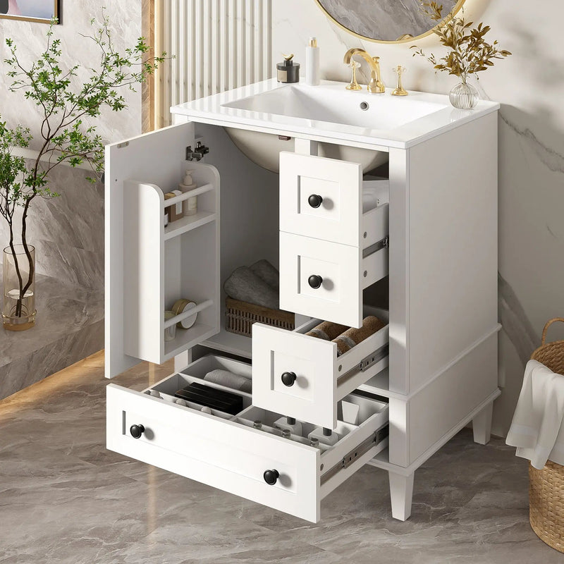 Bathroom Vanity With Integrated Basin, Soft Close Drawers, Door Mounted Double Layer Shelf by Unique Piece Furniture