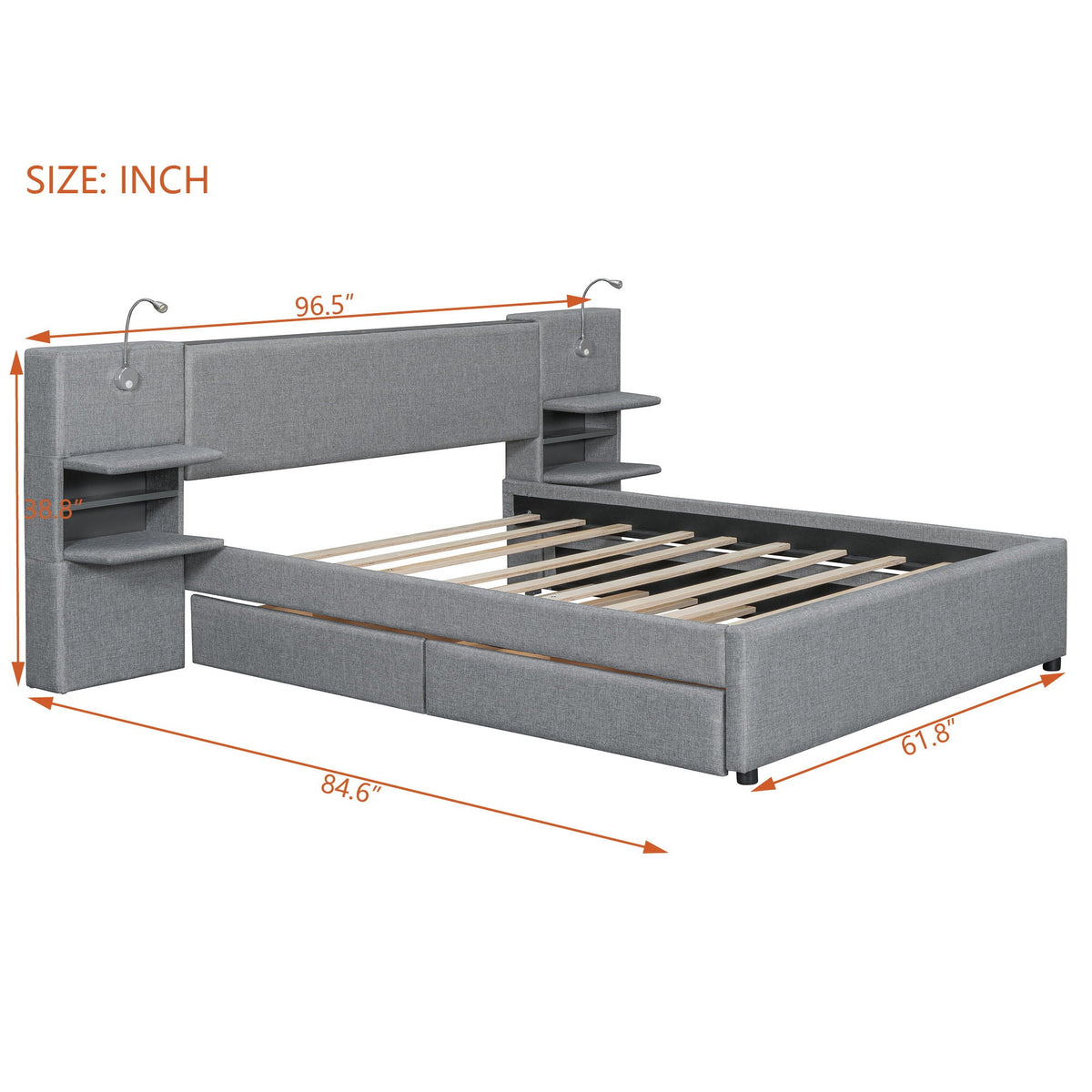 Upholstered Platform Bed With Reading Lights, Drawers, Trundle And Shelves, photo 8 of 14