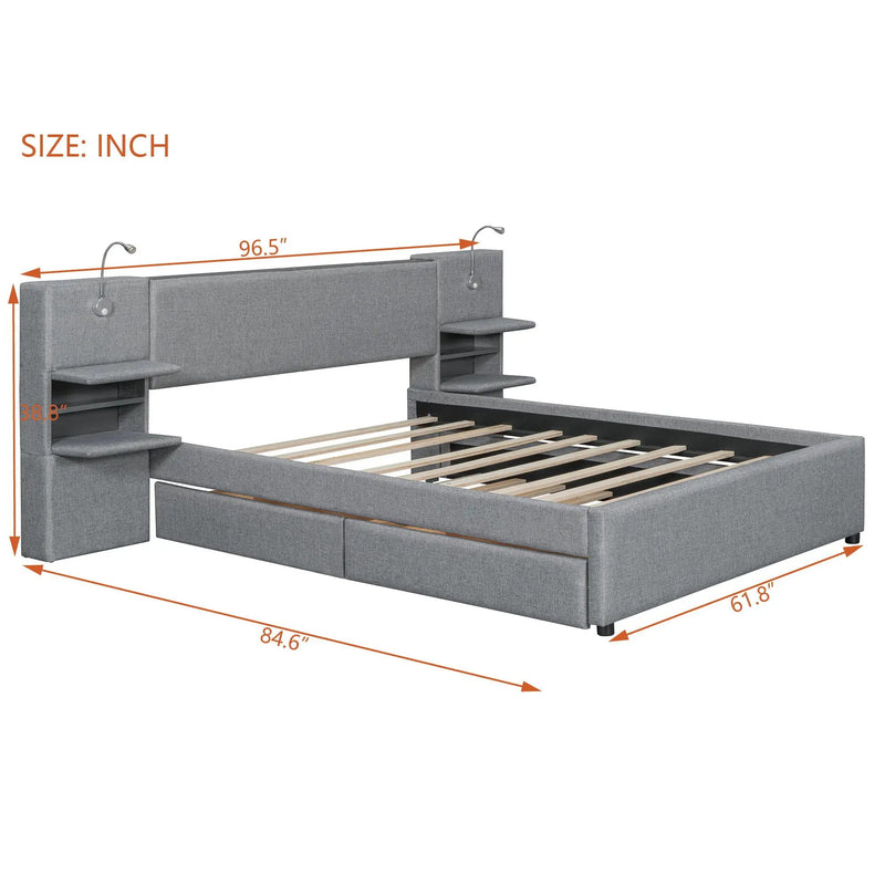 Upholstered Platform Bed With Reading Lights, Drawers, Trundle And Shelves by HouseOfZazla
