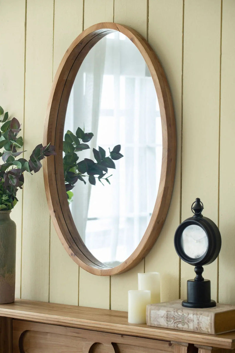 Oval Wall Mirror With Wood Frame, Farmhouse Wood Mirror For Bathroom Entryway Console Lean Against Wall - Brown by Unique Piece Furniture