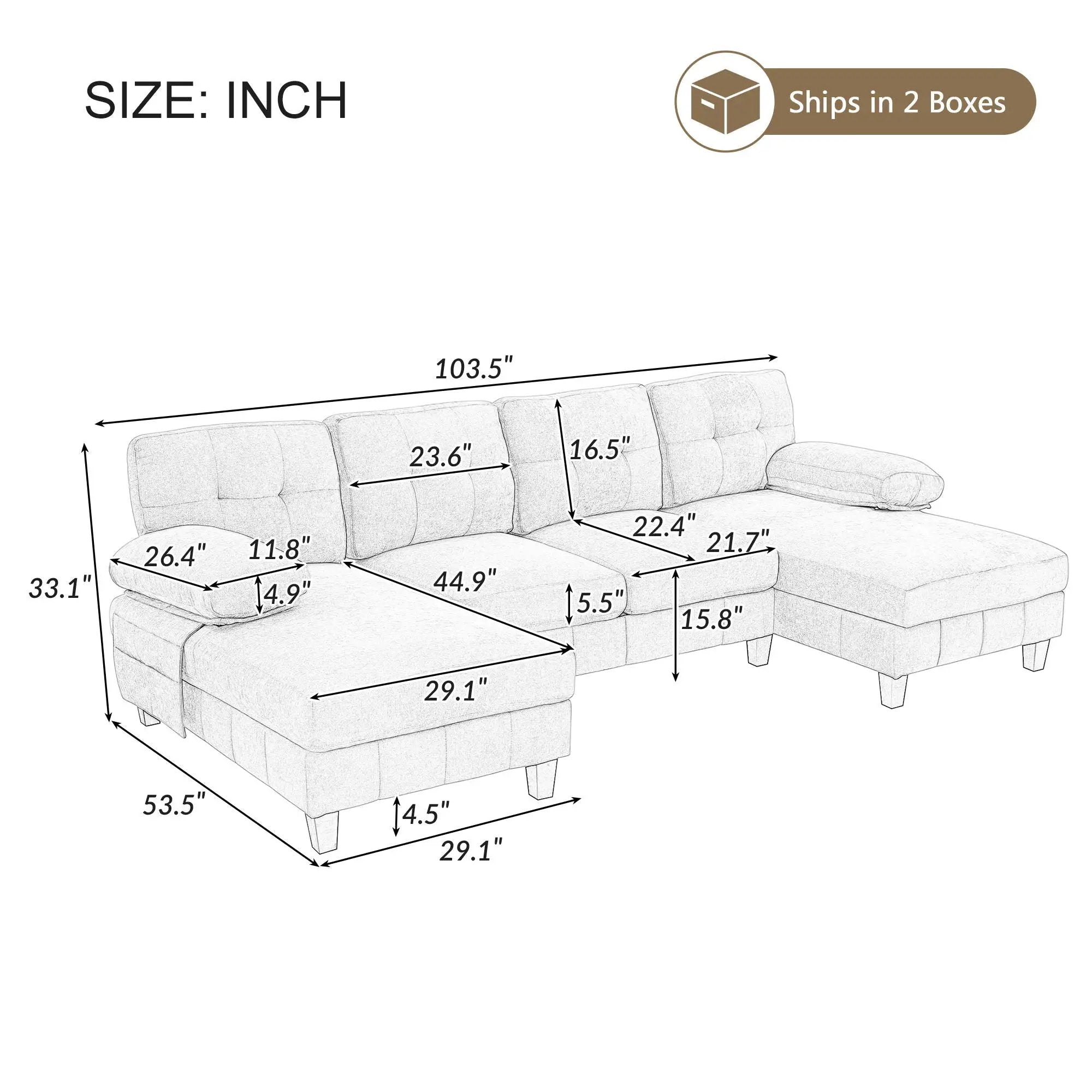 U-Shaped Sectional Sofa 103.5" Fabric Couch With Dual Chaise Lounges, Storage Pockets, Armrest Pillows by HouseOfZazla