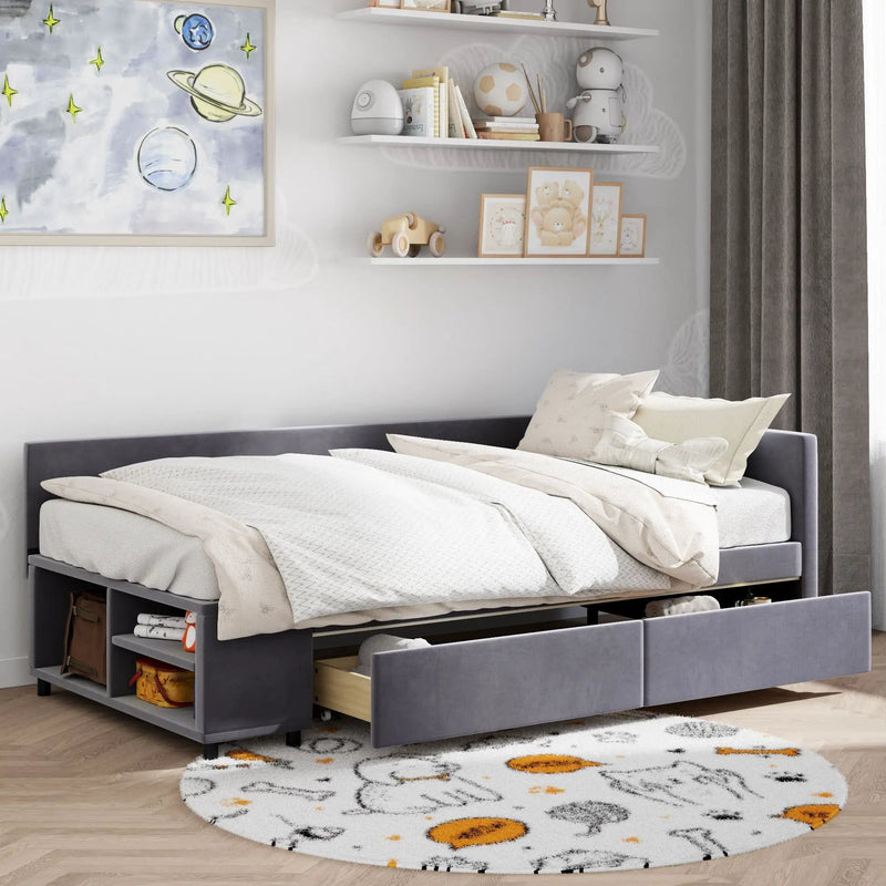 L Shaped Upholstered Platform Bed With Storage And Drawers by HouseOfZazla