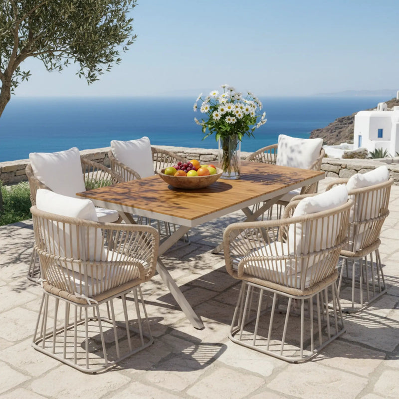 Outdoor 7-Piece Dining Set - Rectangular Teak Wood Table + 6 Wicker Chairs by HouseOfZazla
