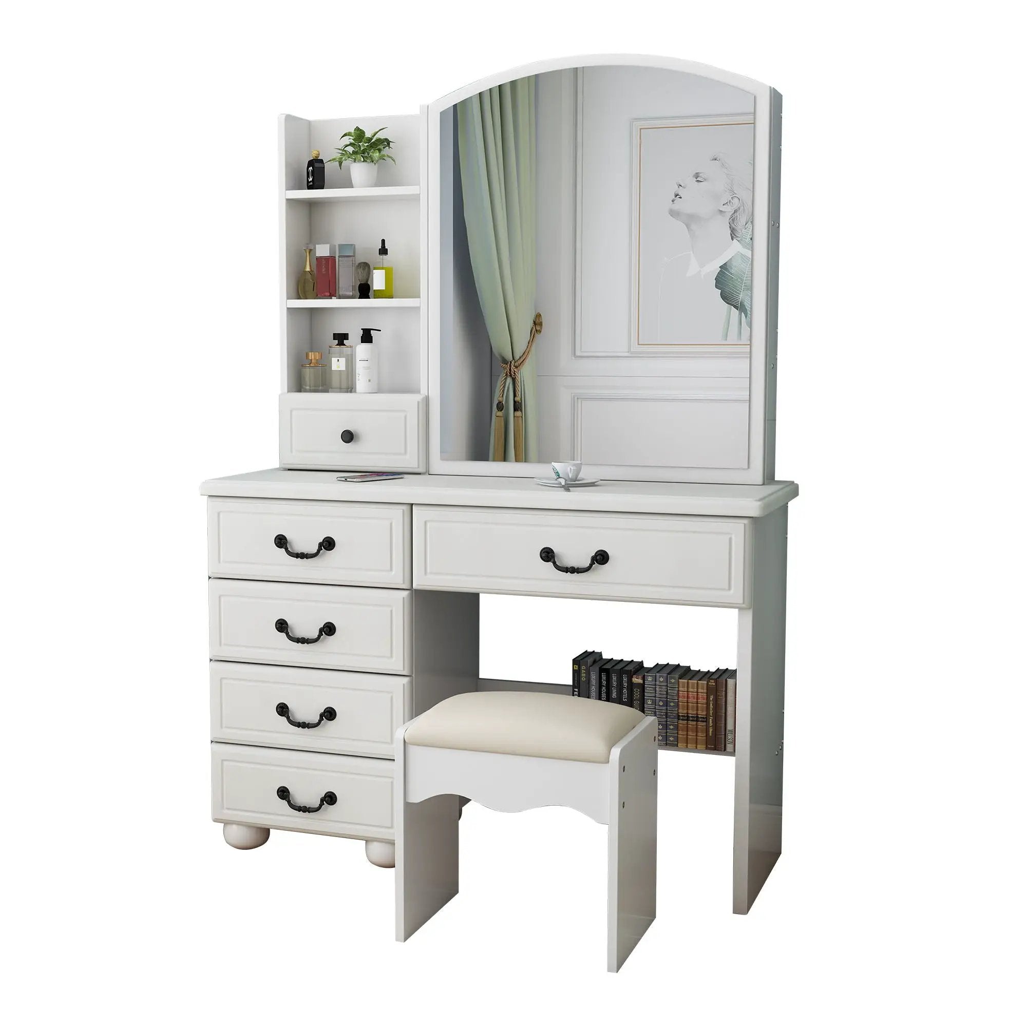 Fashion Vanity Desk With Mirror And Adjustable Lighting, 6 Drawers, 3 Color Light Modes - White by Unique Piece Furniture