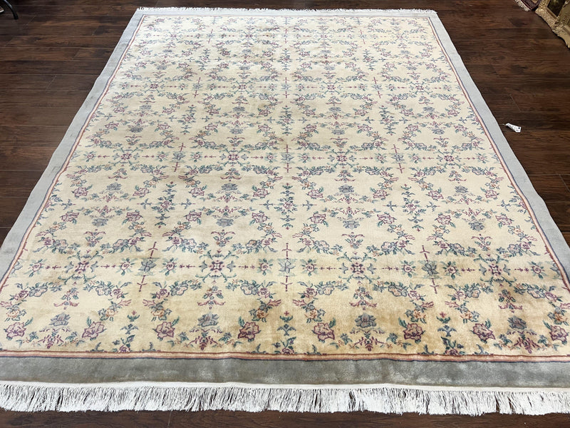 Sino Persian Rug 8x10, Floral, Oatmeal and Light Teal, Handmade Wool Vintage Carpet by Jewel Rugs
