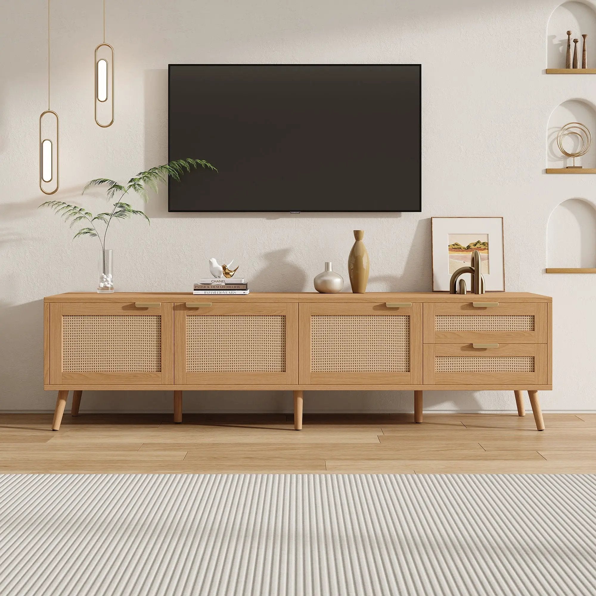 TV Stand, Media Console, 2 Drawers & Cable Management - Natural Wood by Unique Piece Furniture