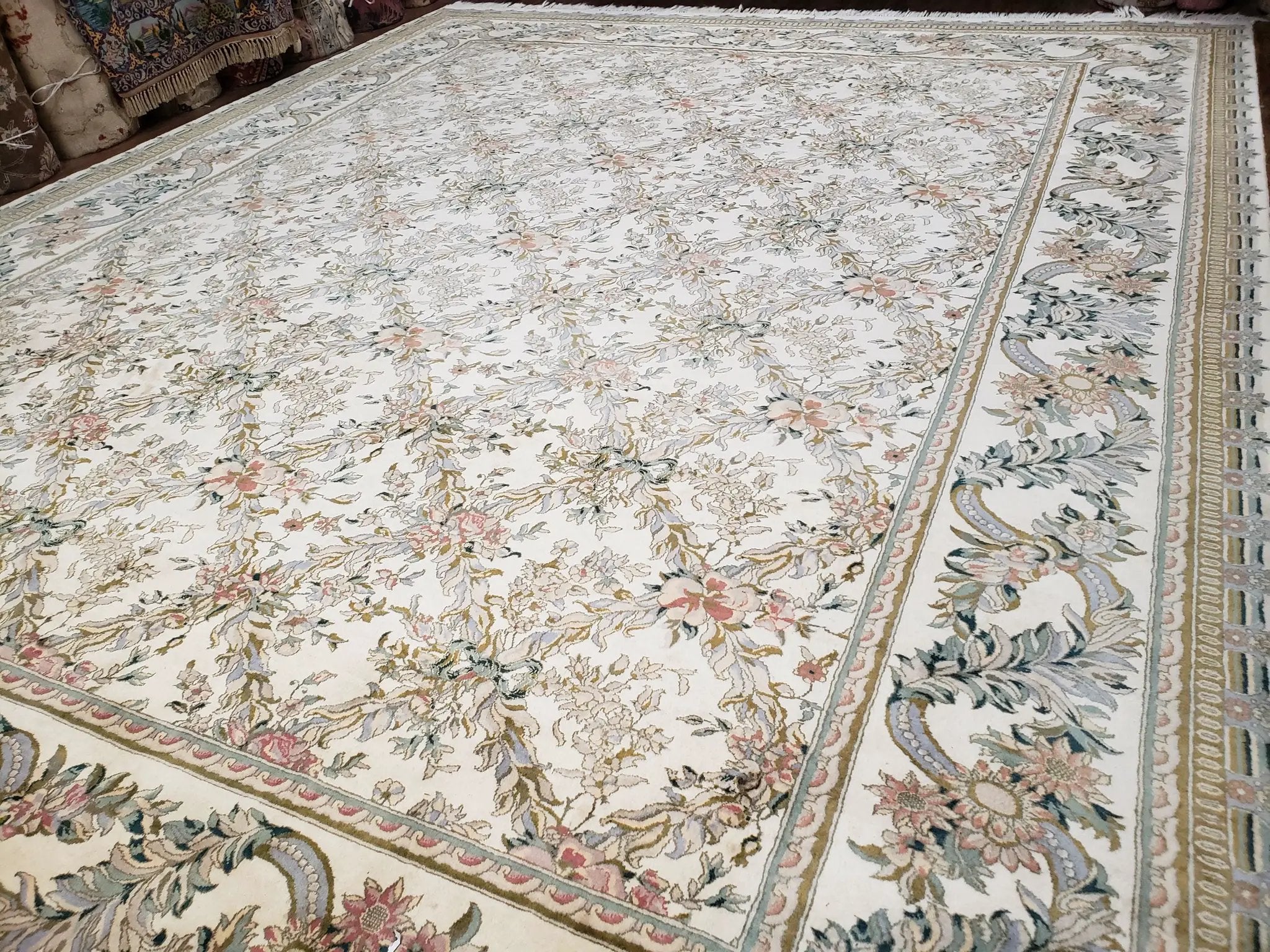 Pak Persian Floral Rug 11 x 12.6, Ivory, Very Fine, Hand Knotted by Jewel Rugs