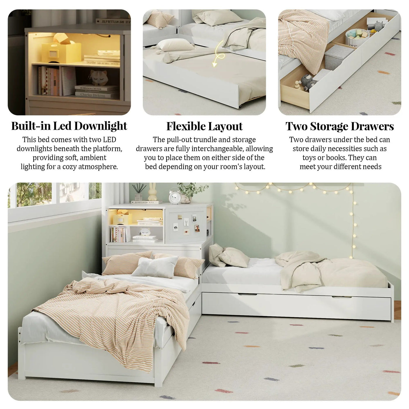 L-Shaped Bed Frame With Trundle, Built In Desk & LED Lighting by HouseOfZazla