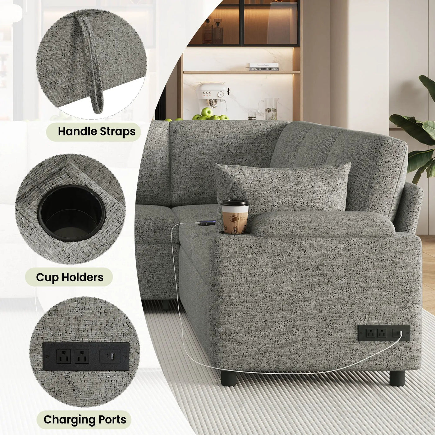 U-Shaped Sectional Sleeper Sofa With Ample Storage Space, 2 Cup Holders And Charging Ports For Living Room by Unique Piece Furniture