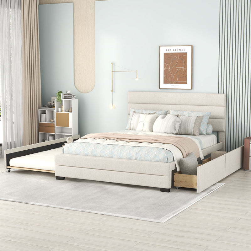 Queen Platform Bed with Twin Trundle and 2 Storage Drawers - Beige, photo 9 of 14