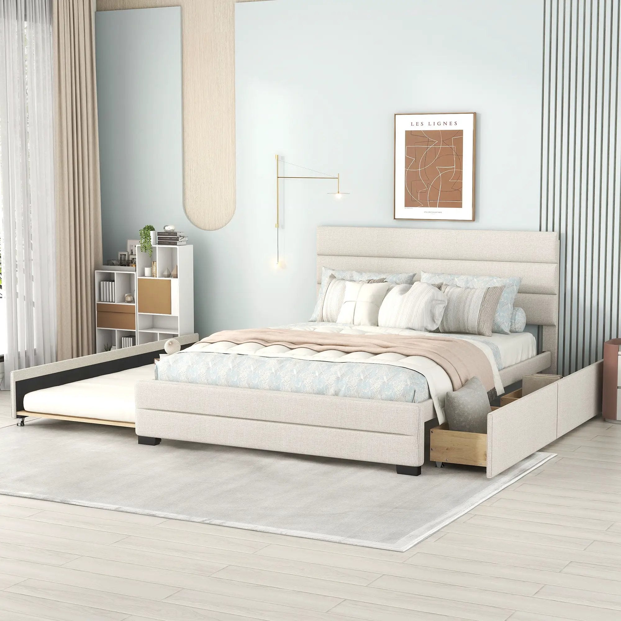 Queen Platform Bed With Twin Trundle And 2 Storage Drawers - Beige by HouseOfZazla