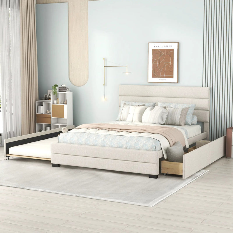Queen Platform Bed With Twin Trundle And 2 Storage Drawers - Beige by HouseOfZazla