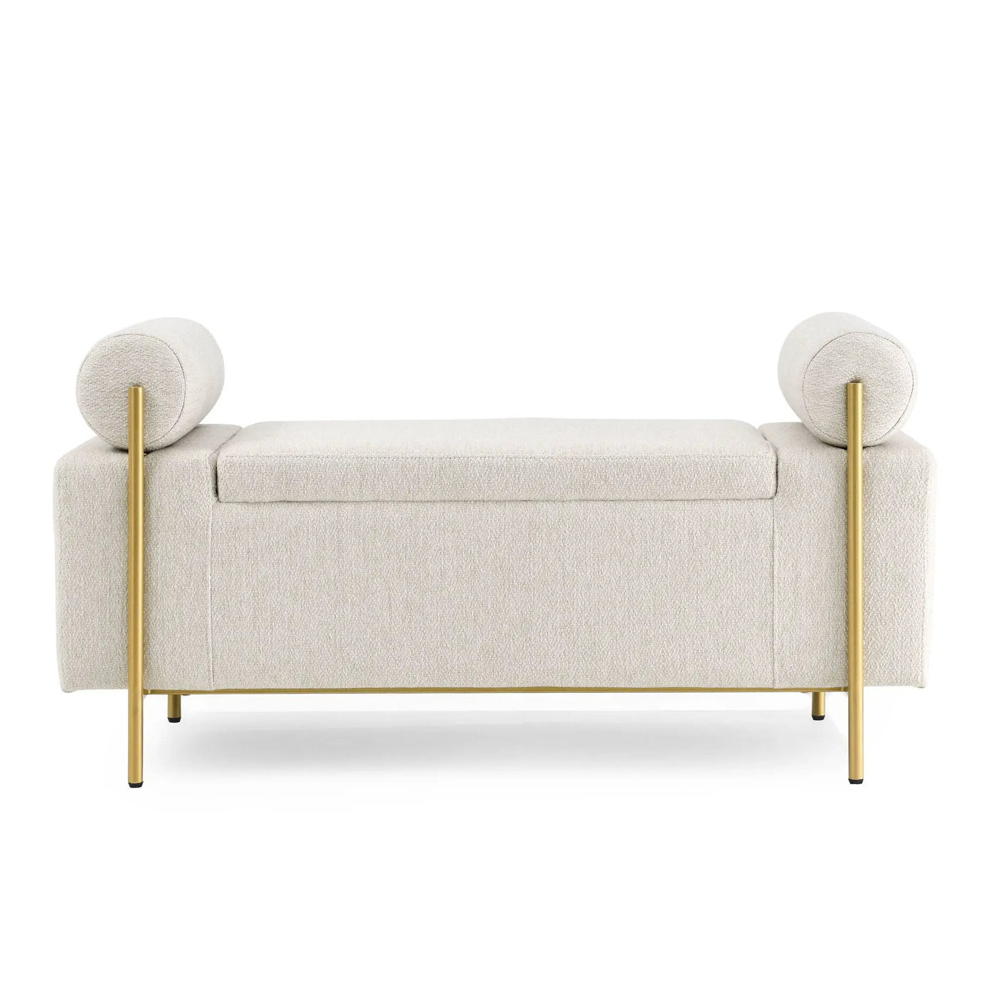 Elegant Upholstered Storage Bench With Cylindrical Arms And Iron Legs, by HouseOfZazla