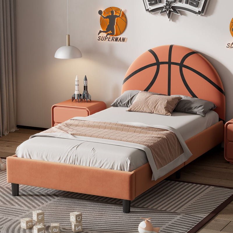 Basketball Design Upholstered Twin Platform Bed with Sport Style Headboard - Orange, photo 5 of 8