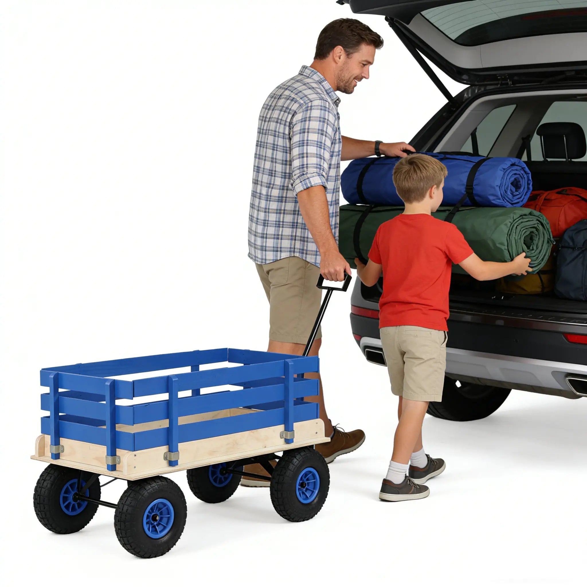 Blue Wooden Kids Pull Wagon with Removable Side Rails & All Terrain Wheels by HouseOfZazla