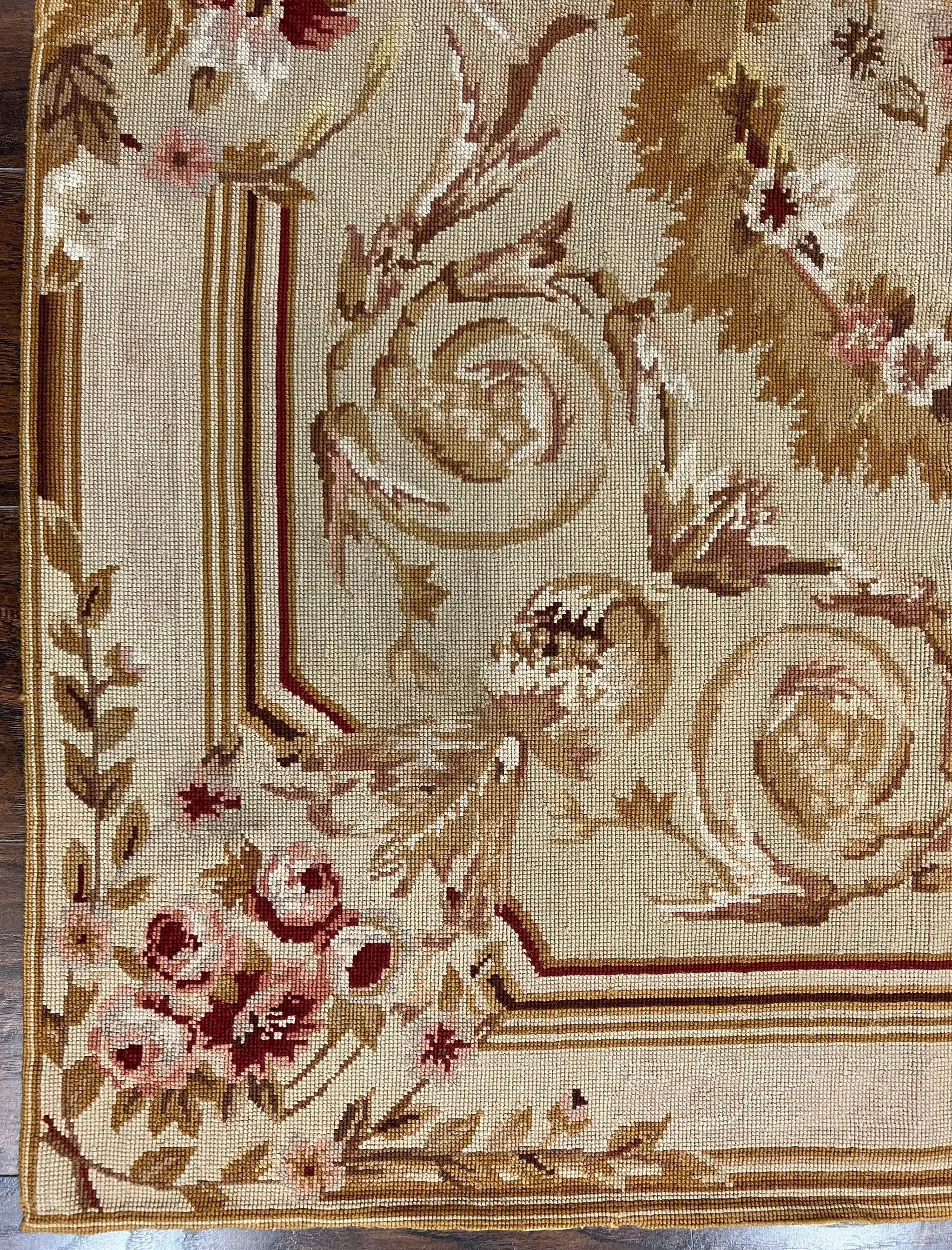 Aubusson Needlepoint Rug 4x5 ft, Beige and Tan, Aubusson Savonnerie Vintage Carpet, Handwoven Handmade Wool Rug, European Design Floral Rose by Jewel Rugs