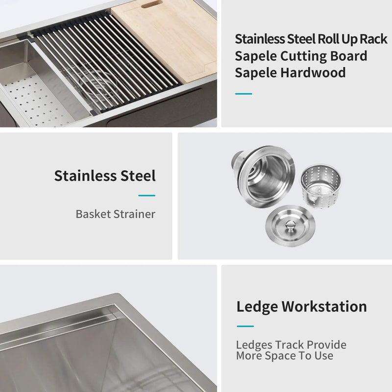 33" Undermount Kitchen Sink Single Bowl Stainless Steel Ledge Workstation In Brushed Nickel, 16 Gauge 304 Stainless Steel, 33 X 19 X 9 Inch by HouseOfZazla