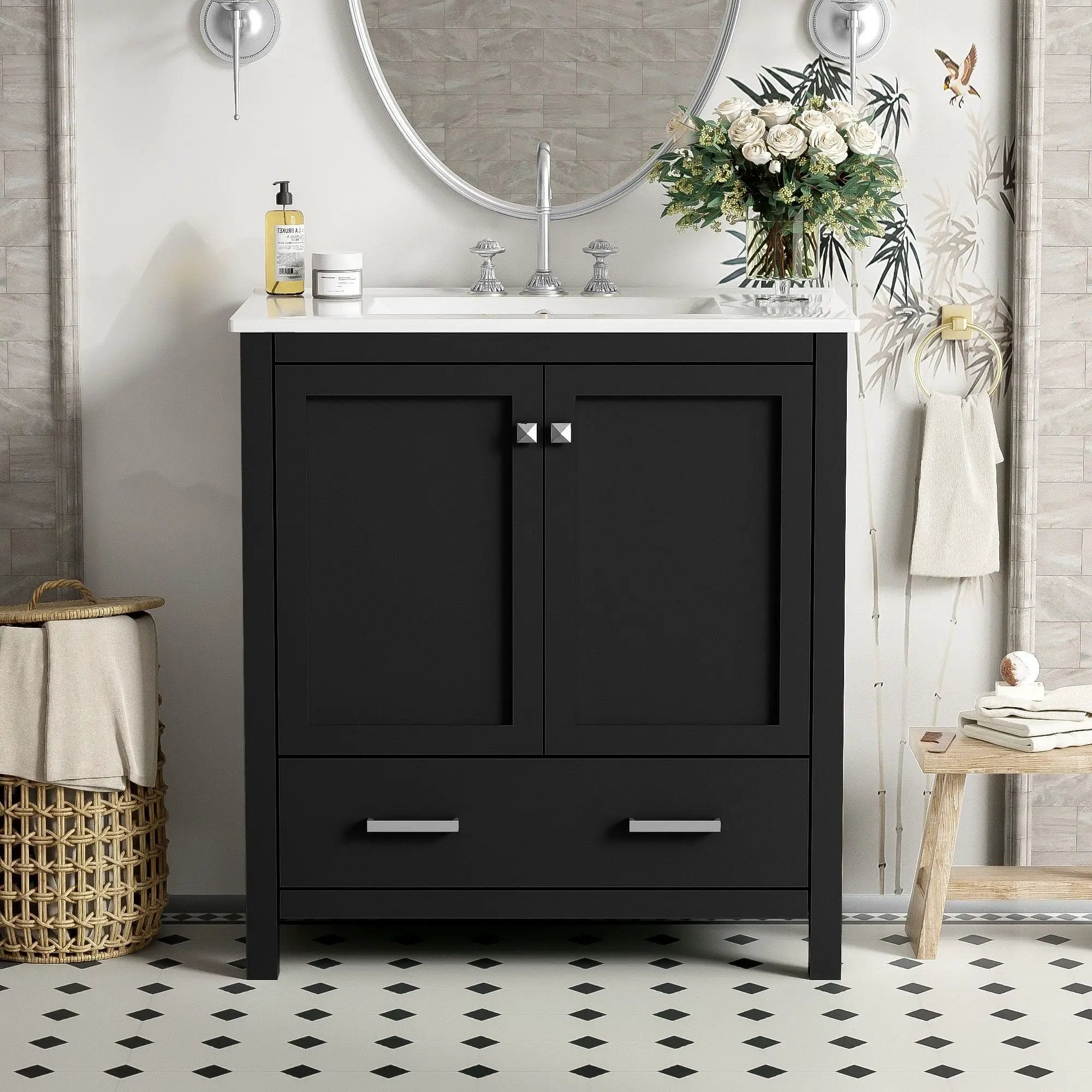 Bathroom Vanity With Single Sink, Combo Cabinet Undermount Sink, Bathroom Storage Cabinet With Two Doors And A Drawer, Soft Closing, Multifunctional Storage, Solid Wood Frame by HouseOfZazla