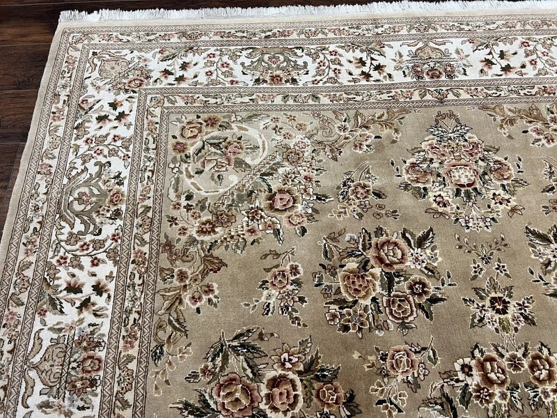 Sino Persian Rug 8x10, Soft Wool, Silk Highlights, Hand Knotted Vintage Carpet, Taupe & Ivory, Floral, Traditional Rug 8 x 10 by Jewel Rugs