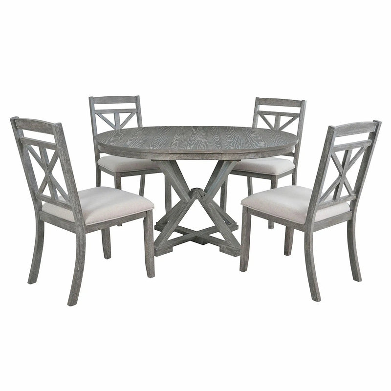 Dining Set With Extendable Round Table And 4 Upholstered Chairs