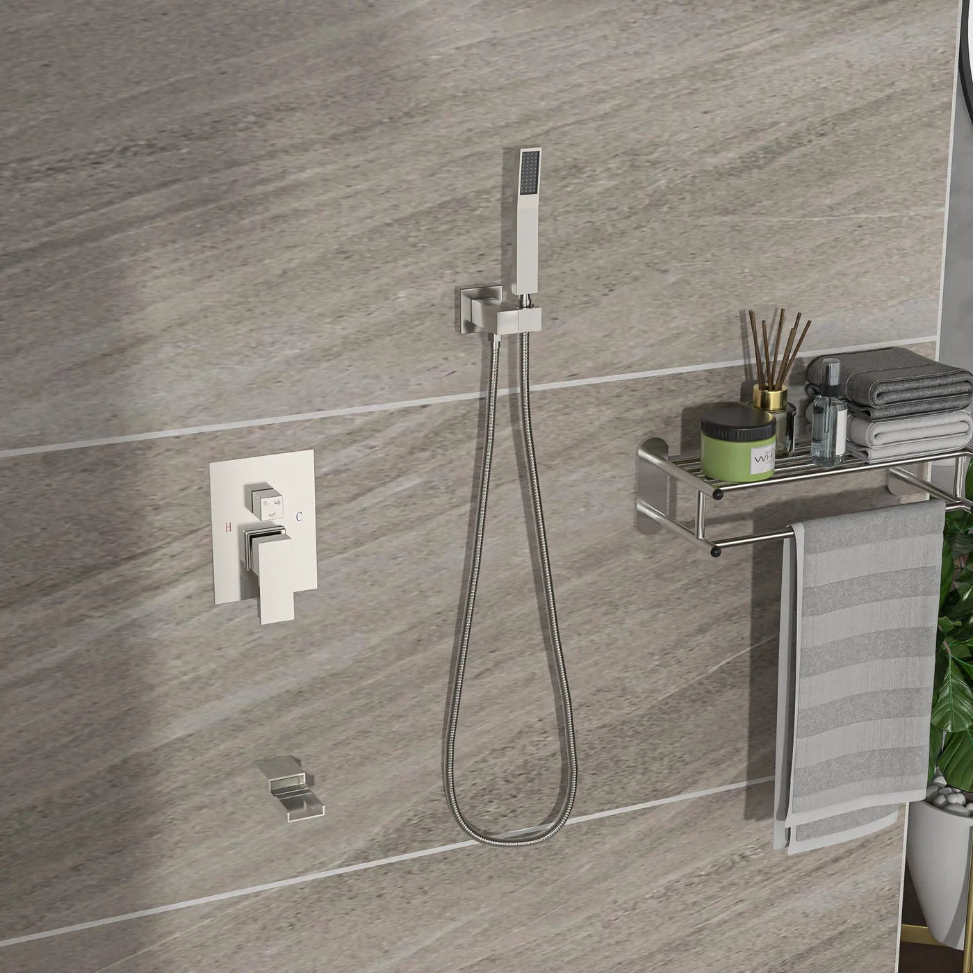 Modern Shower System With Waterfall Tub Spout, 12" Ceiling Mount Square Shower by HouseOfZazla