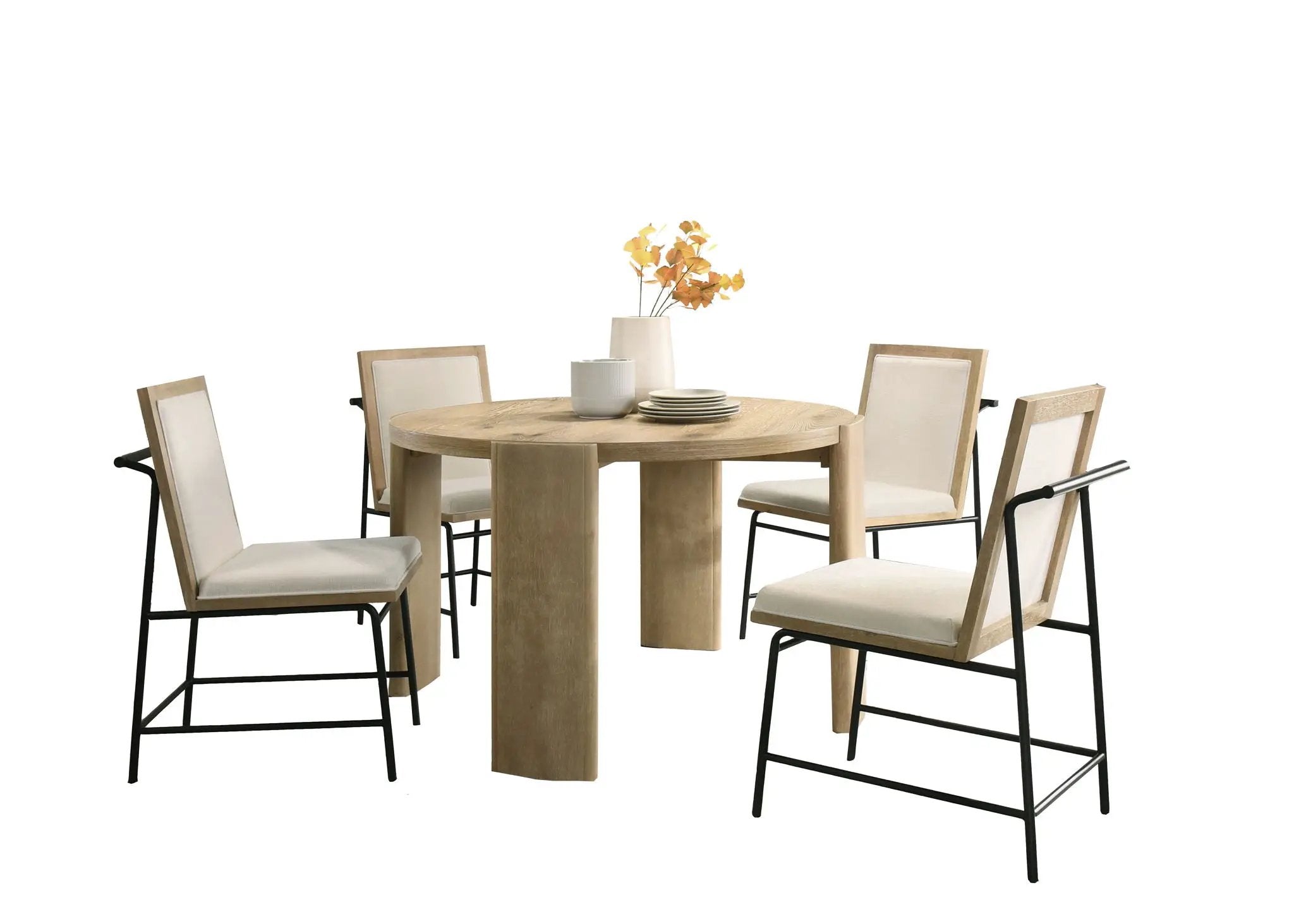 Bowen - Round Dining Table With Cream Color Upholstered Chairs (Set of 5) - Oak Finish by Unique Piece Furniture
