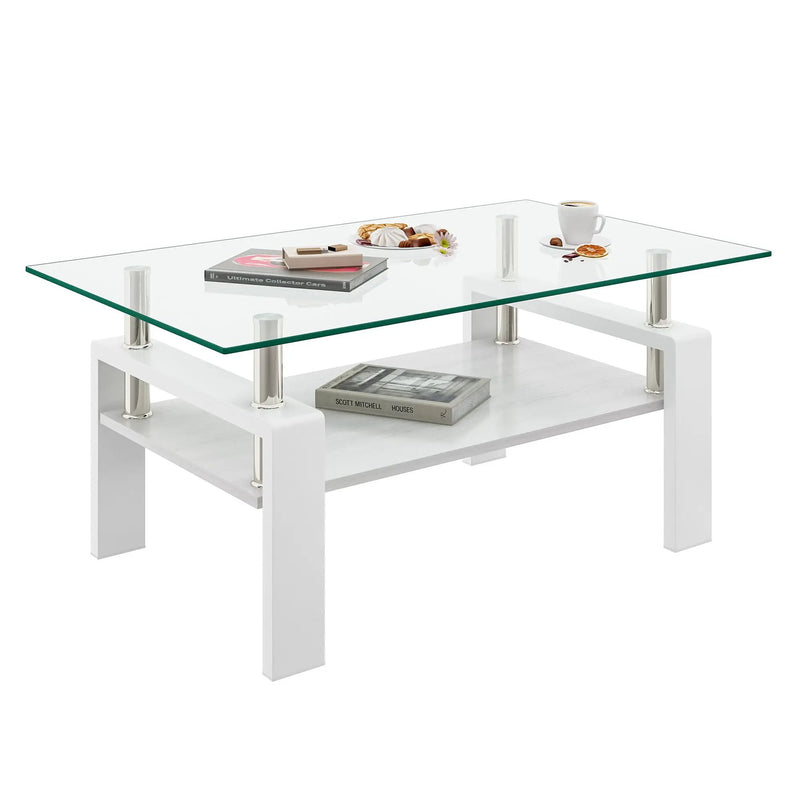 Modern Rectangular Coffee Table With Tempered Transparent Glass Top And Storage Shelf by Unique Piece Furniture