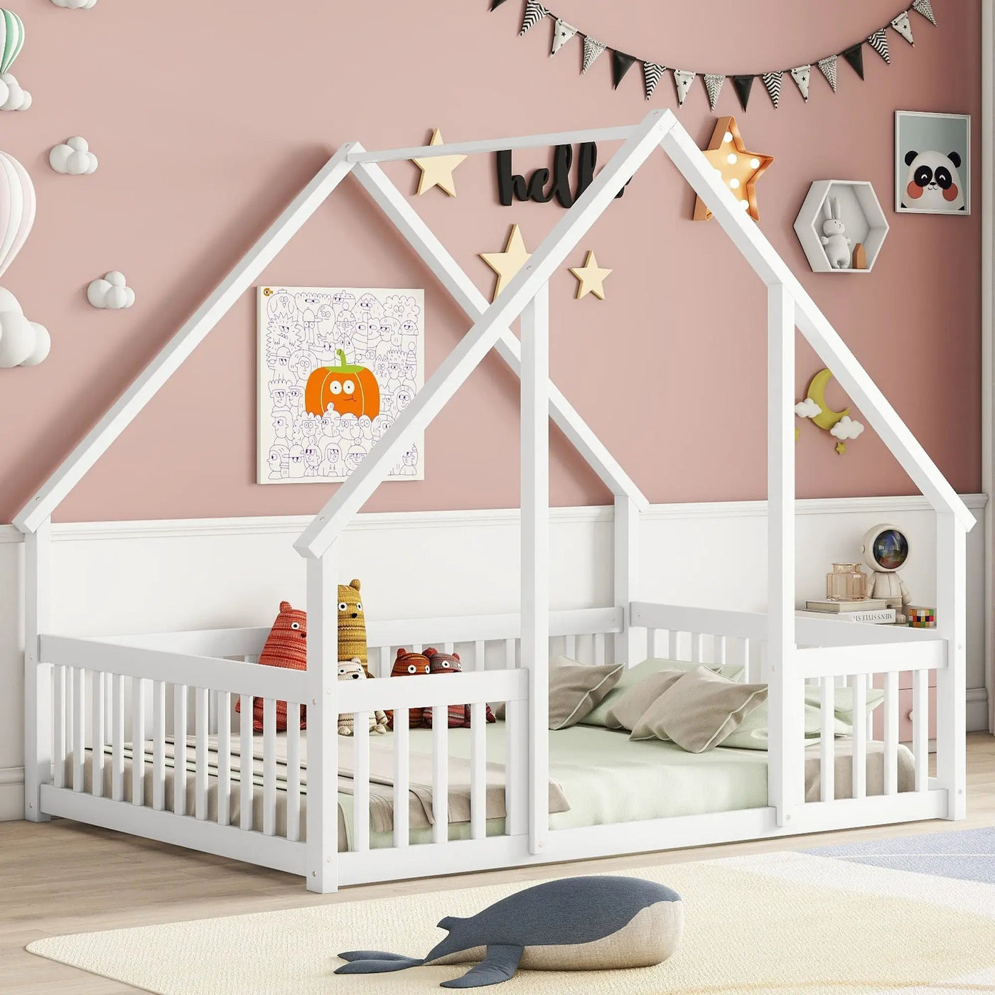 Wood House-Shaped Floor Bed With Fence, Guardrails by HouseOfZazla