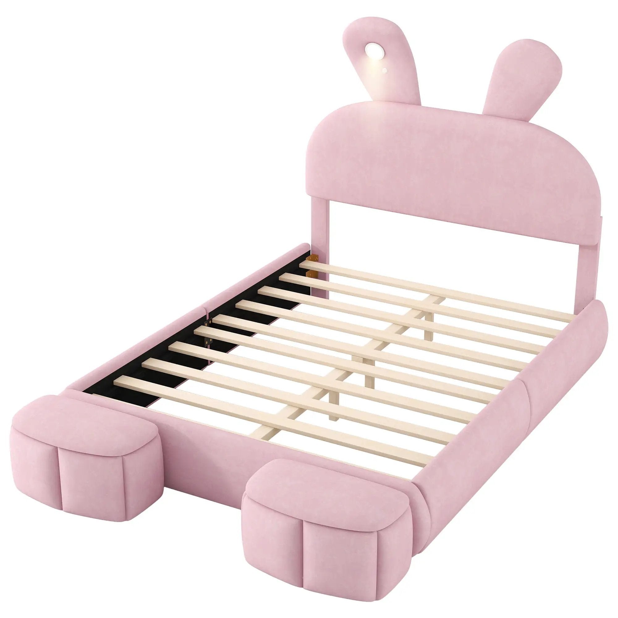 Full Upholstered Platform Bed With Cartoon Ears Headboard And LED Light - Pink by HouseOfZazla