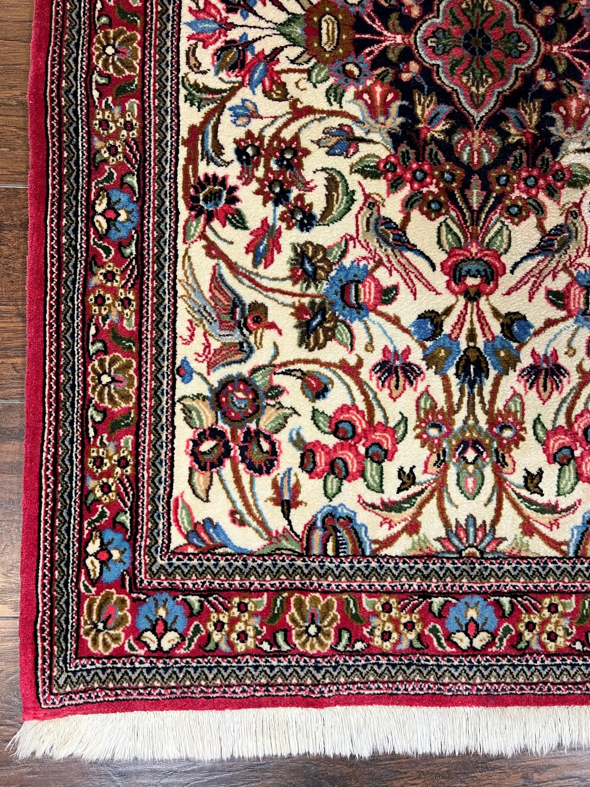 Wonderful Persian Qum Runner Rug 2.8 x 10 ft, Floral Medallions with Bird Motifs, Hand Knotted Wool Fine Oriental 10ft Hallway Runner, Cream Red by Jewel Rugs